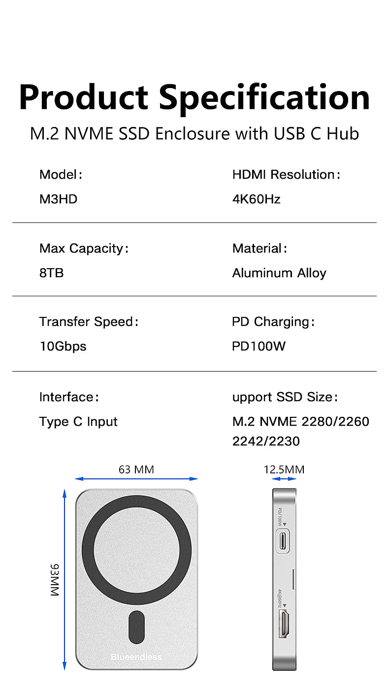 Blueendless 10Gbps Magnetic 2230 2242 2260 2280 M.2 NVME SSD Enclosure Type C USB C DockingStation Hub with 4K 60Hz HDTV PD 100W