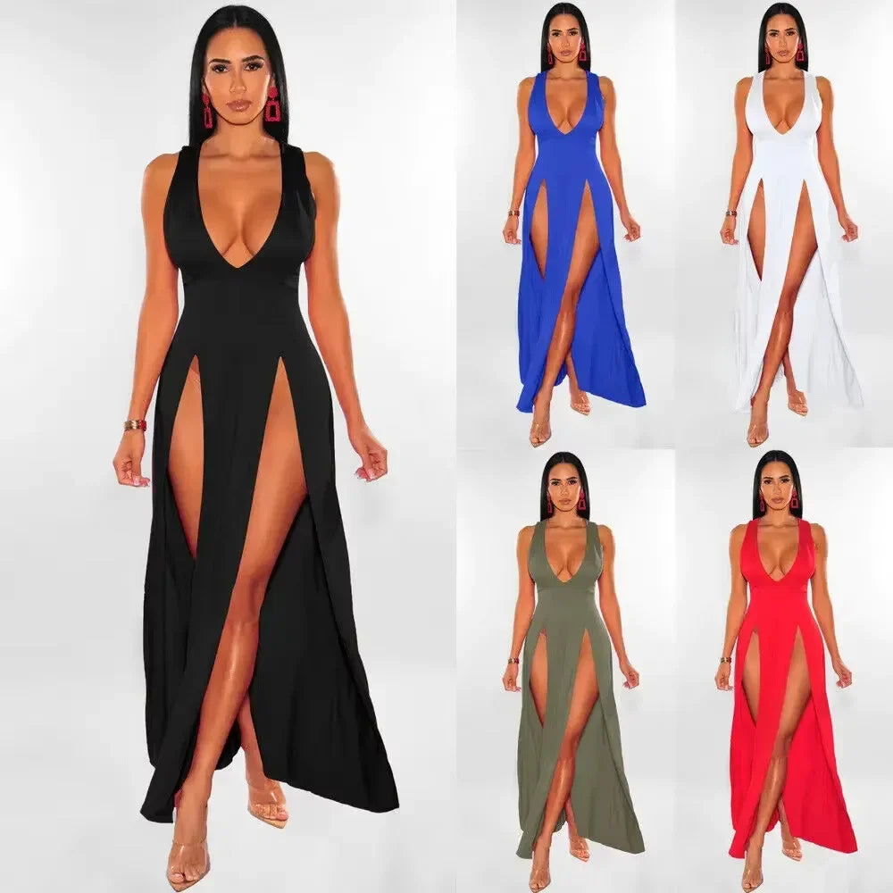 Sexy V-neck Tight Long Dress High Slit Ankle-length Sleeveless Women's Dress Empire Waist Cross-Border Fashion Spring Autumn New