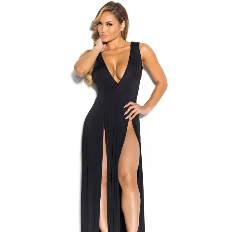 Sexy V-neck Tight Long Dress High Slit Ankle-length Sleeveless Women's Dress Empire Waist Cross-Border Fashion Spring Autumn New