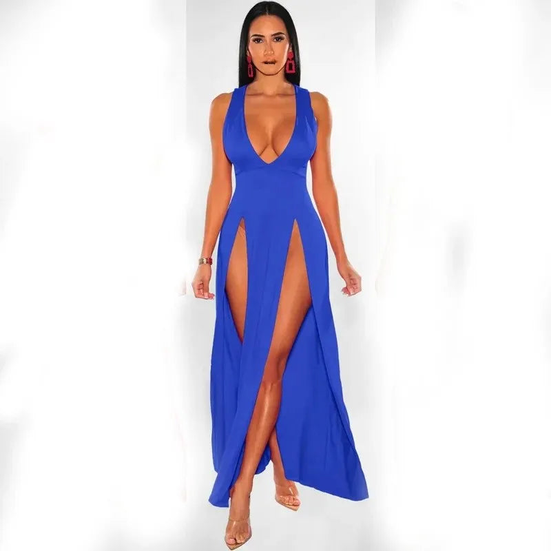 Sexy V-neck Tight Long Dress High Slit Ankle-length Sleeveless Women's Dress Empire Waist Cross-Border Fashion Spring Autumn New