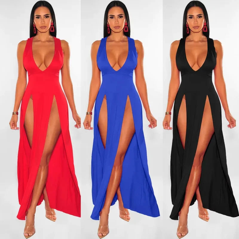 Sexy V-neck Tight Long Dress High Slit Ankle-length Sleeveless Women's Dress Empire Waist Cross-Border Fashion Spring Autumn New