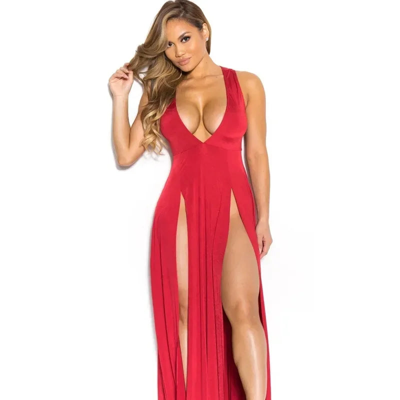 Sexy V-neck Tight Long Dress High Slit Ankle-length Sleeveless Women's Dress Empire Waist Cross-Border Fashion Spring Autumn New